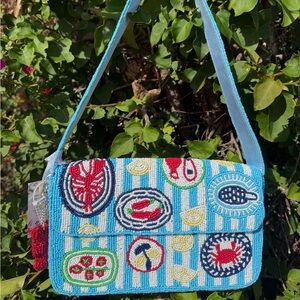 NWT Made in India Nautical Seafood East Coast Summer Striped Beaded Shoulder Bag